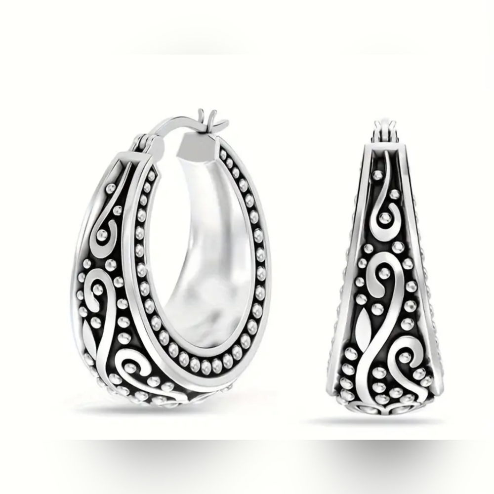 Elegant Boho Style Silvery and Black Hoop Earrings